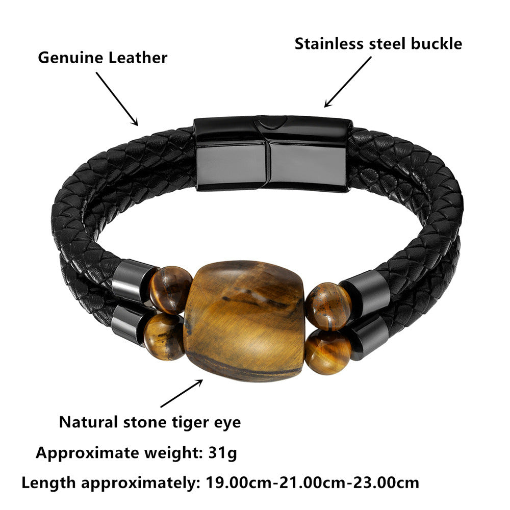 Natural Tigers Eye Leather Woven Bracelet