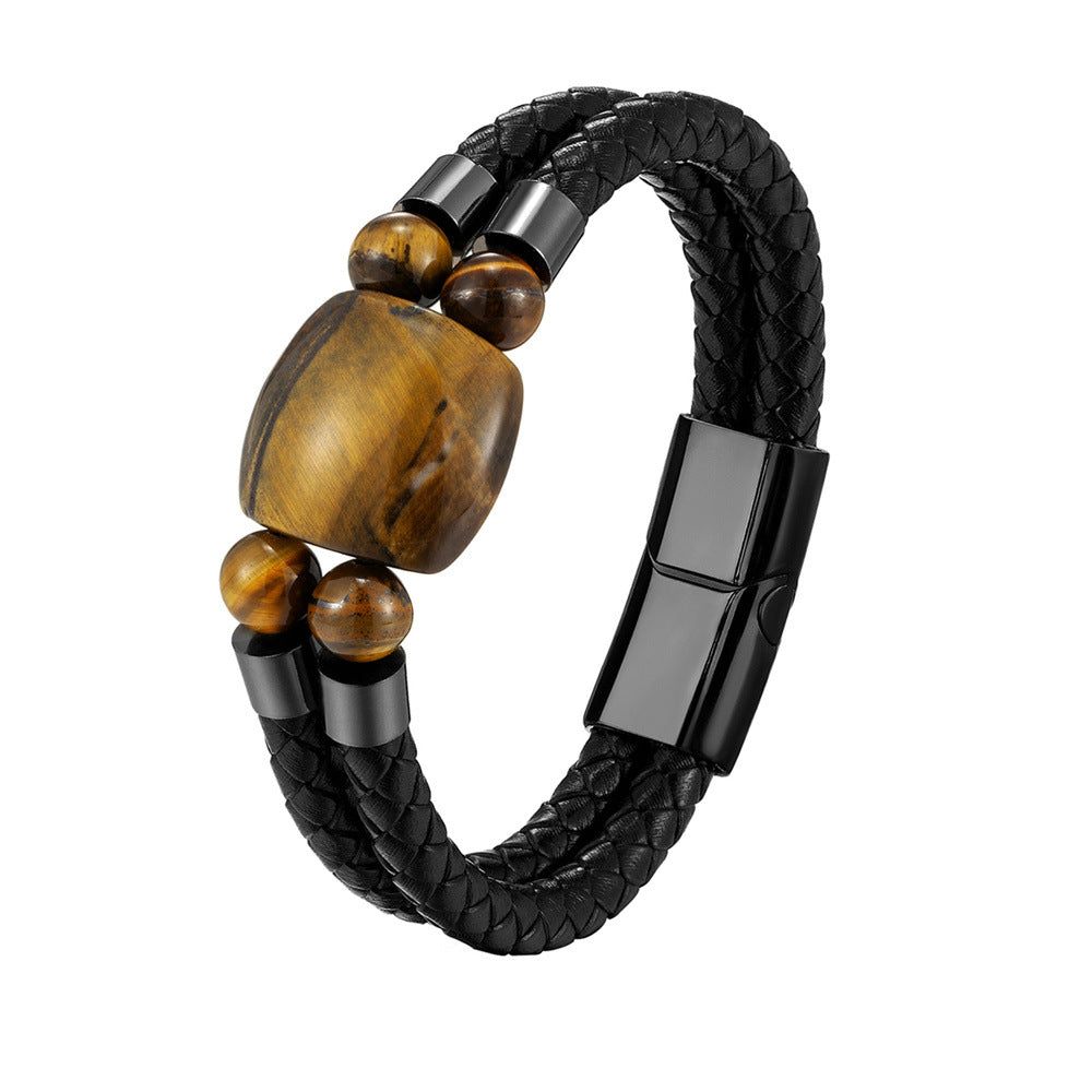 Natural Tigers Eye Leather Woven Bracelet