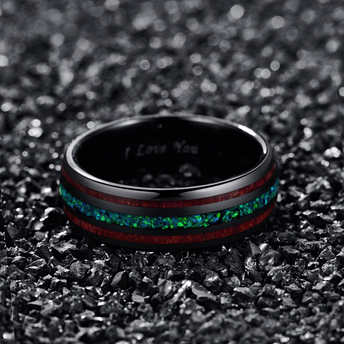 Bague en acier tungstène noir à deux bois d'acacia