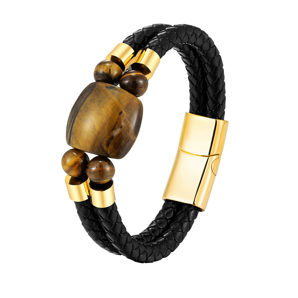 Natural Tigers Eye Leather Woven Bracelet