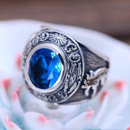 bague en argent sterling totem vintage en cristal bleu