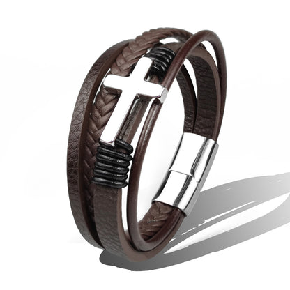 Stainless Steel Leather Cross Brown Black Bracelet