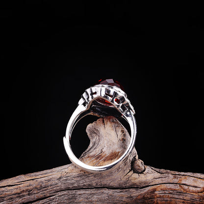 Vintage Flower Garnet Red Adjustable Silver Ring