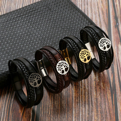 Simple Multilayer Leather Tree of Life Shaped Magnetic Bracelet