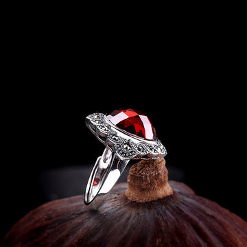 Vintage Flower Garnet Red Adjustable Silver Ring