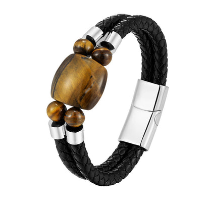 Natural Tigers Eye Leather Woven Bracelet