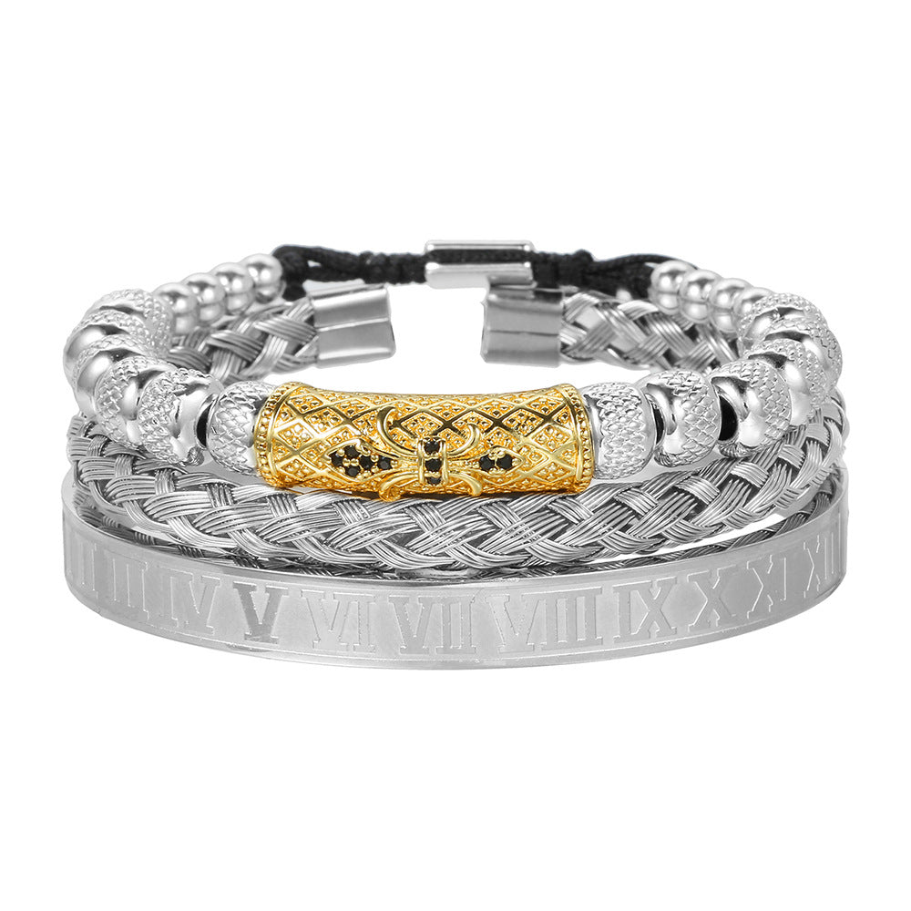 Titanium Steel Vintage Zirconia Openwork Braided Bracelet Set of Three