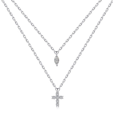 Collier croix double couche en zircone cubique en argent sterling