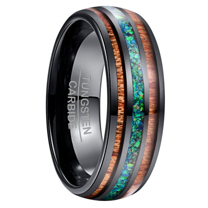 Bague en acier tungstène noir à deux bois d'acacia