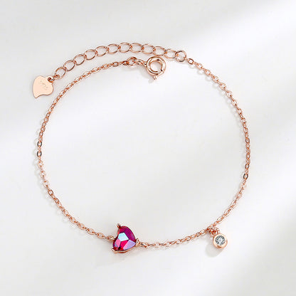 Sterling Silver Rose Gold Ruby Zirconia Heart Bracelet