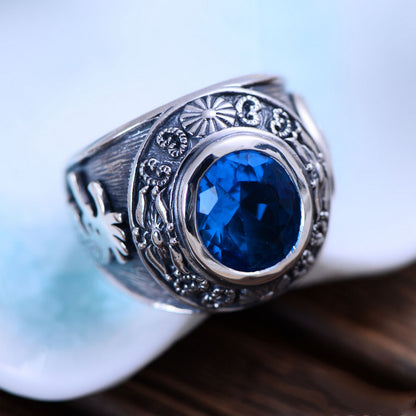 Vintage Totem Blue Crystal Sterling Silver Ring