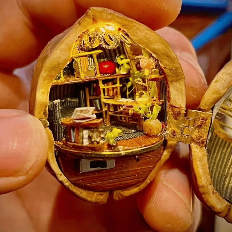 Handmade Walnut Shell Doll House--mini library, tiny World inside walnuts