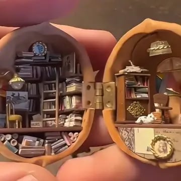 Handmade Walnut Shell Doll House--mini library, tiny World inside walnuts